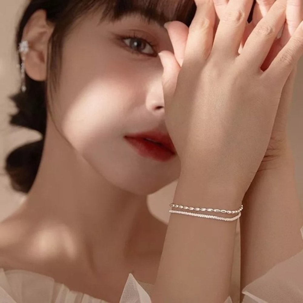 925 Sterling Silver Double Layer Bracelet Engagement Wedding Women Fine Jewelry - Picture 7 of 7
